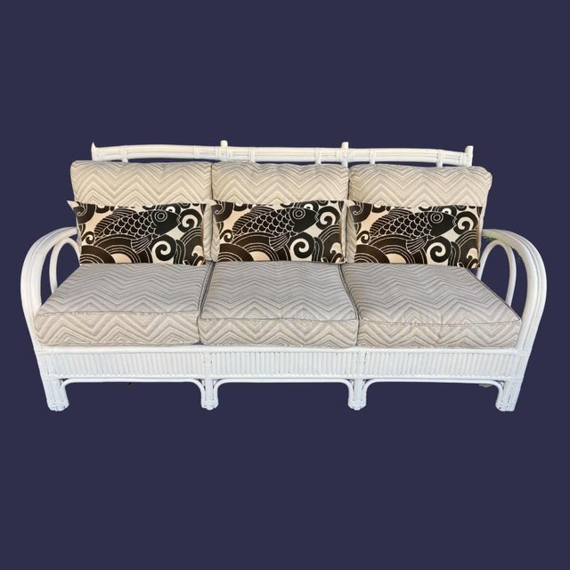 Contemporary Vintage Mid Century Attributed to Ficks Reed Bent Rattan Six Piece Patio Set Art Deco Style Palm Beach Regency Coastal Chic For Sale - Image 3 of 9