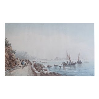 Émile Henry, Back from the Market by the Sea and Fishing Boats, Watercolor on Paper, Framed For Sale
