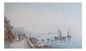 Émile Henry, Back from the Market by the Sea and Fishing Boats, Watercolor on Paper, Framed