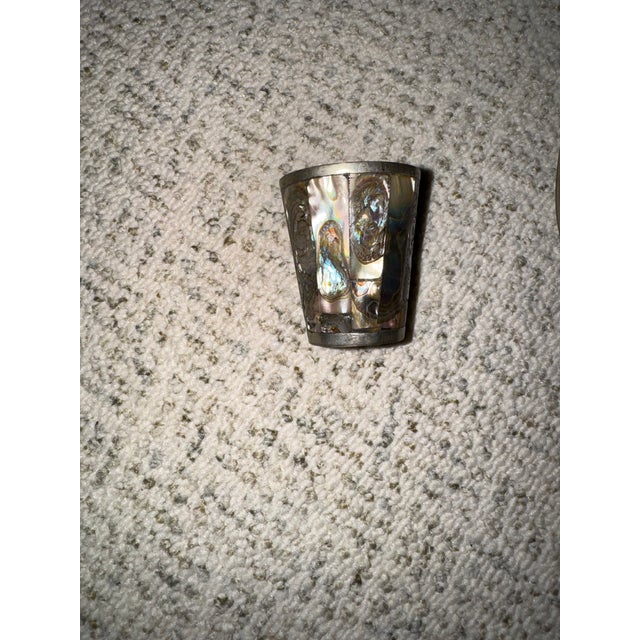 Mid-Century Modern Antique 1950s Attributed to Los Castillo Mother of Pearl Brass Shot Glass of 8ct” Abalone Shells Art Deco For Sale - Image 3 of 4
