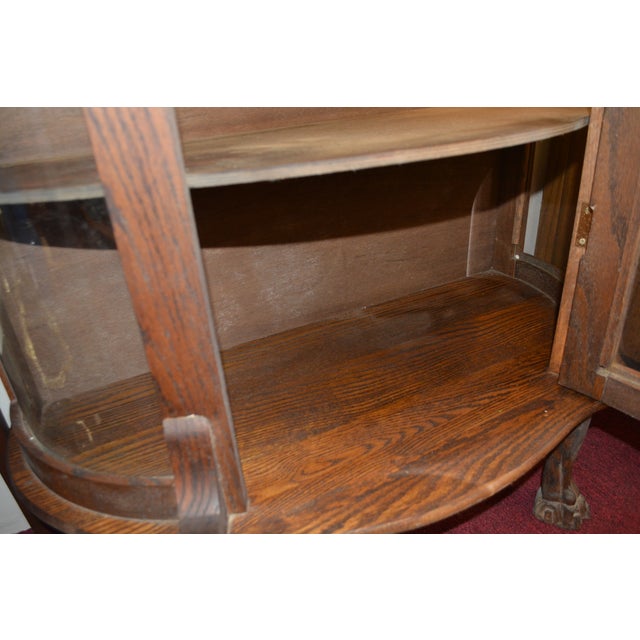 Antique Empire Oak Curved Bowfront Glass Curio Display Cabinet Paw Feet & Carved Lions For Sale - Image 11 of 18