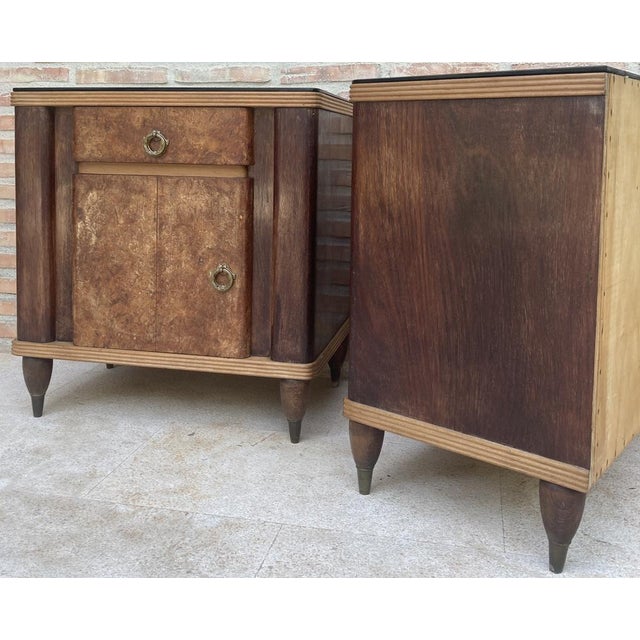 Italian Walnut and Beech Wood Nightstands with Black Glass, 1940s, Set of 2 For Sale - Image 9 of 16