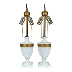 Pair of Vintage Gilded Milk Glass Table Lamps (21" Tall)