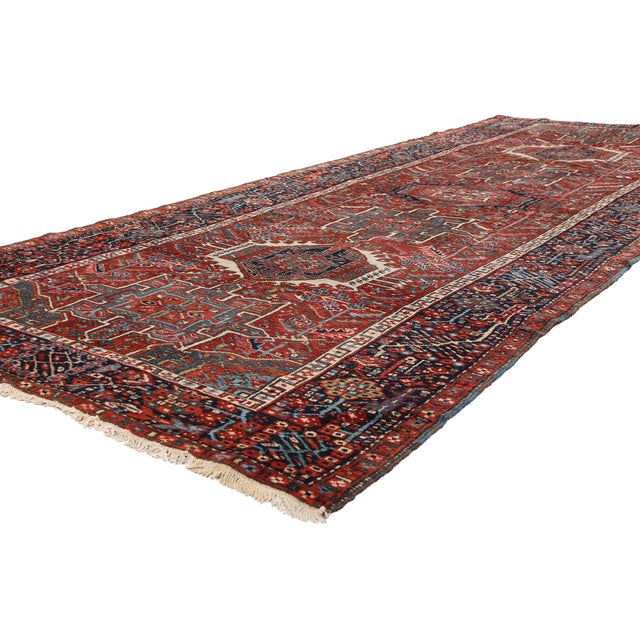 90059 Antique Persian Heriz Rug, 04'06 x 12'01. The Crimson Axis: Late 19th Century Persian Heriz Masterpiece of Tribal...