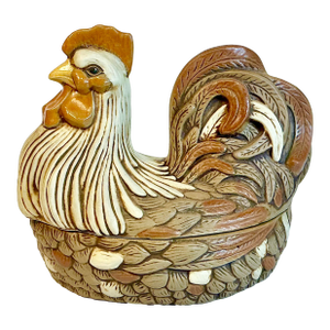 1985 Vintage Arts & Crafts Americana Farmhouse Folk Art Ceramic Hen on Nest Covered Tureen.