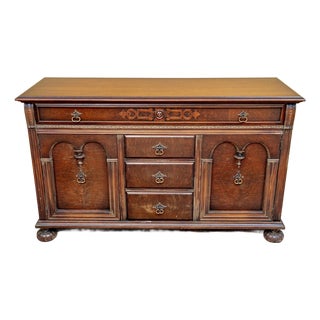 Late 18th Century Carved Walnut Victorian Tudor Style Sideboard Cabinet With Burl Panels, Fluted Columns, Foliate Band and Bun Feet For Sale