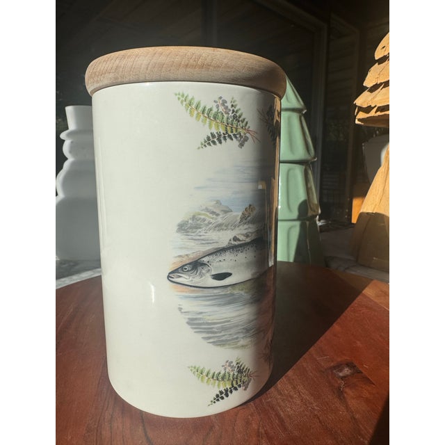 Vintage Portmeirion Pottery Canister With Fish Design and Wooden Lid For Sale - Image 4 of 9