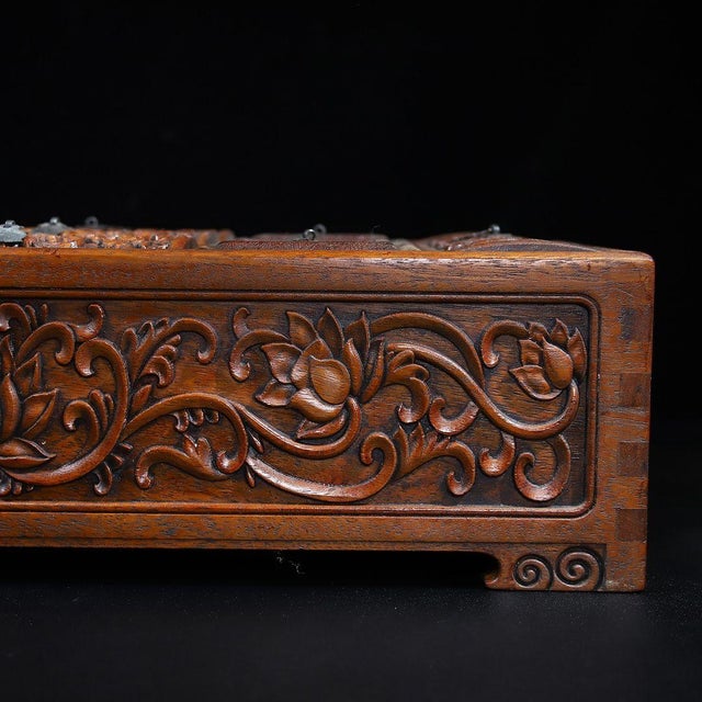 Wood Vintage Chinese Hardwood Box | Carved Lotus Motif Ten-Drawer Storage Chest For Sale - Image 7 of 9