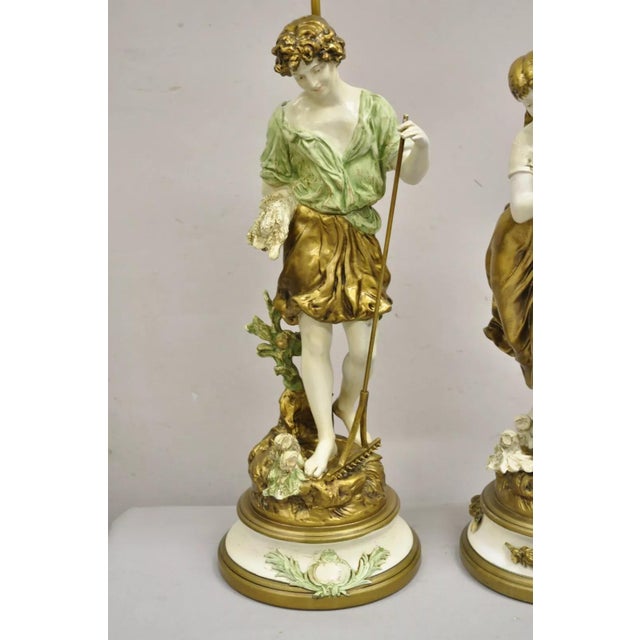 Vintage French Renaissance Moreau Metal Boy and Girl Figural Table Lamp - A Pair For Sale - Image 4 of 12