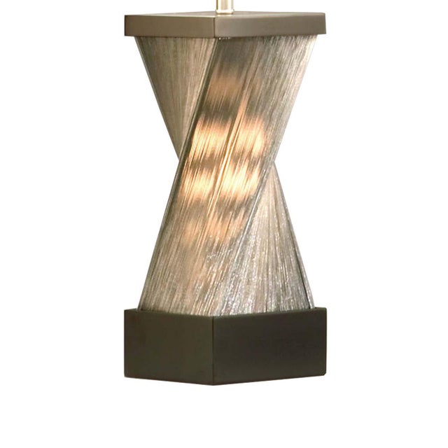 1990s Hand-Knotted Silver Strings Torque Accent Table Lamp - 24", Espresso Wood & Satin Nickel, Linen Shade For Sale In Los Angeles - Image 6 of 6