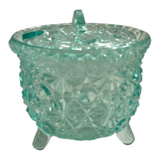Vintage Light Teal Daisy Dot Depression Glass Sugar Dish For Sale