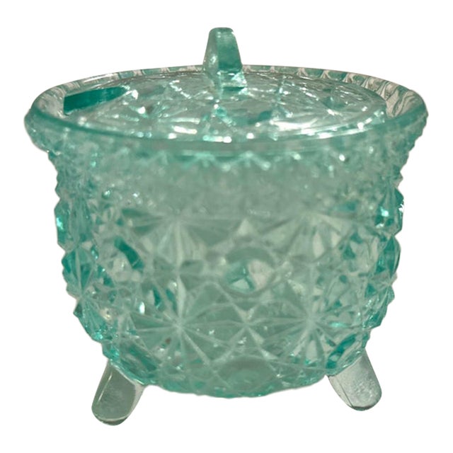 Vintage Light Teal Daisy Dot Depression Glass Sugar Dish For Sale