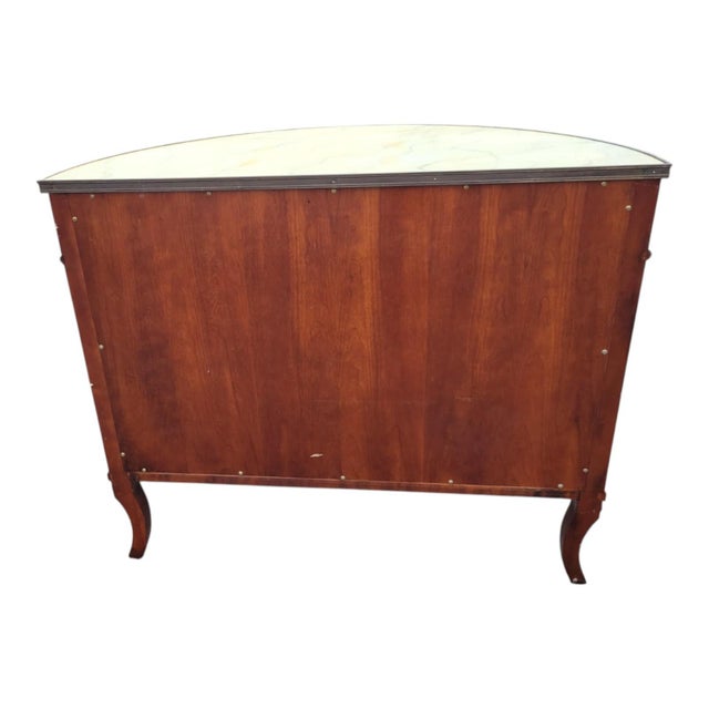 Brown 1970s Attributed John Widdicomb Demilune Cherry Sideboard Faux Marble Top Brass Inlay Cabinet For Sale - Image 8 of 18