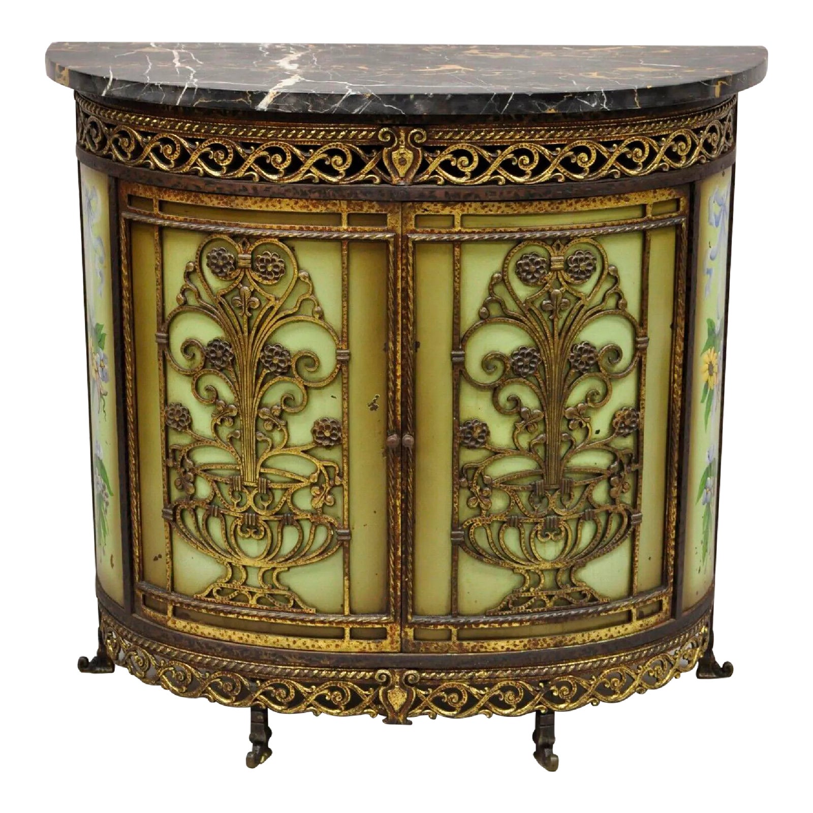 French Victorian Wrought Iron Oscar Bach Demilune Marble Top Console