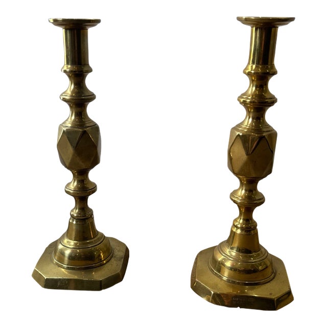 Pair of Mid 19th Century Brass Diamond-Pattern “good Luck” Candlesticks For Sale