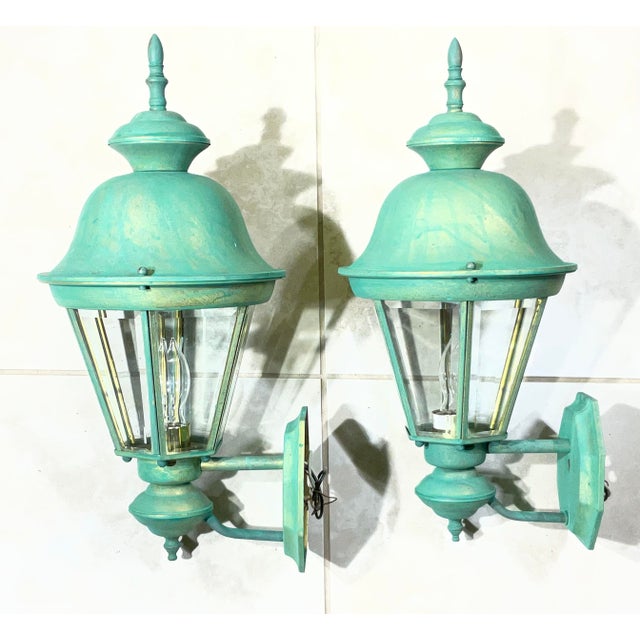 1960s Pair Vintage Solid Brass Verdigris Carriage Lanterns-Traditional Colonial Style For Sale - Image 5 of 16