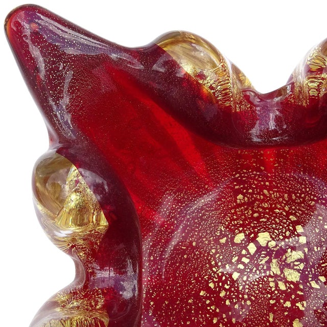Barovier & Toso Barovier Toso Murano Vintage Deep Red Gold Flecks Spike Corners Italian Art Glass Mid Century Bowl For Sale - Image 4 of 8