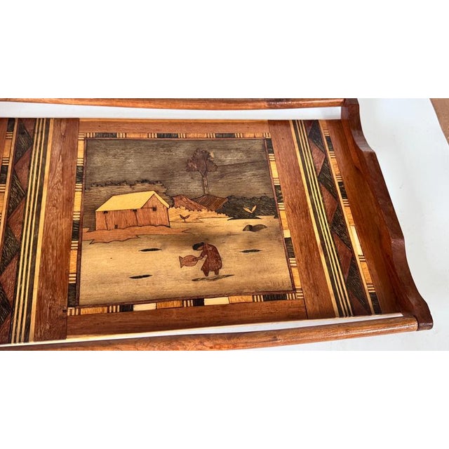 French Wooden Marquetry Tray with Craftwork Winter Scene, 1950s For Sale - Image 6 of 16