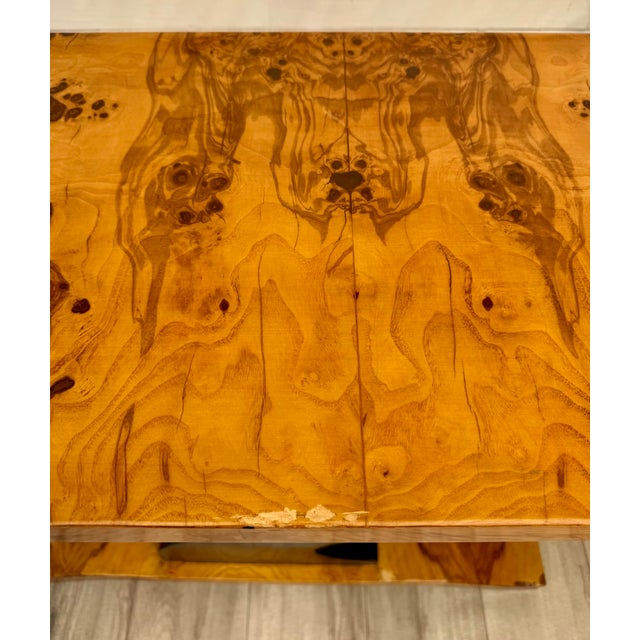 Brown Art Deco Revival Burlwood Console Table With Sculptural Curved Base For Sale - Image 8 of 16