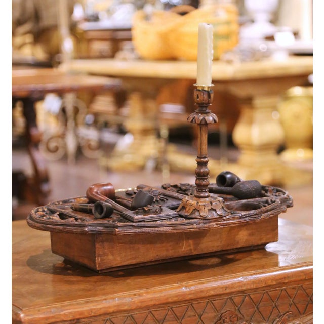 19th Century French Black Forest Carved Walnut Smoker’s Desk Set For Sale - Image 12 of 13