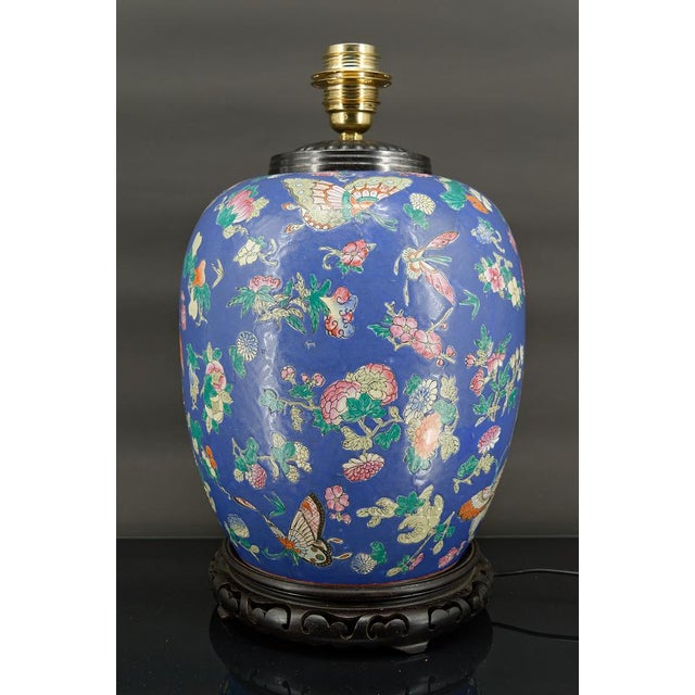 Antique Chinese Blue Ceramic Lamp with Butterflies, 1865 For Sale - Image 4 of 18