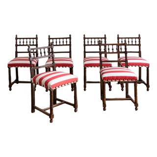 20th Century Wooden Chairs with Striped Seats, 1950s, Set of 6 For Sale