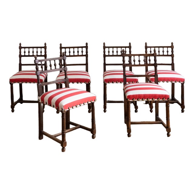 20th Century Wooden Chairs with Striped Seats, 1950s, Set of 6 For Sale