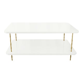 Handcrafted Satin White Dove Lacquered Two-Layer Coffee Table With Brass Bamboo Legs For Sale