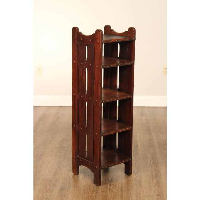 High Quality Antique Early 20th Century Solid Oak Open Bookcase with Slatted Sides, Leather Wrapped Top Shelf