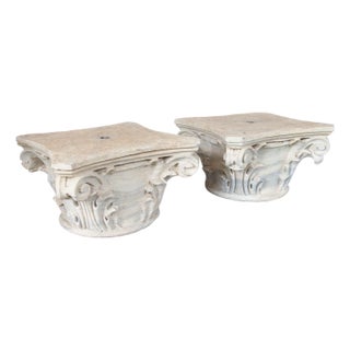 Pair of Antique Italian Carved and Weathered Marble Column Capitals, Circa 1850 For Sale