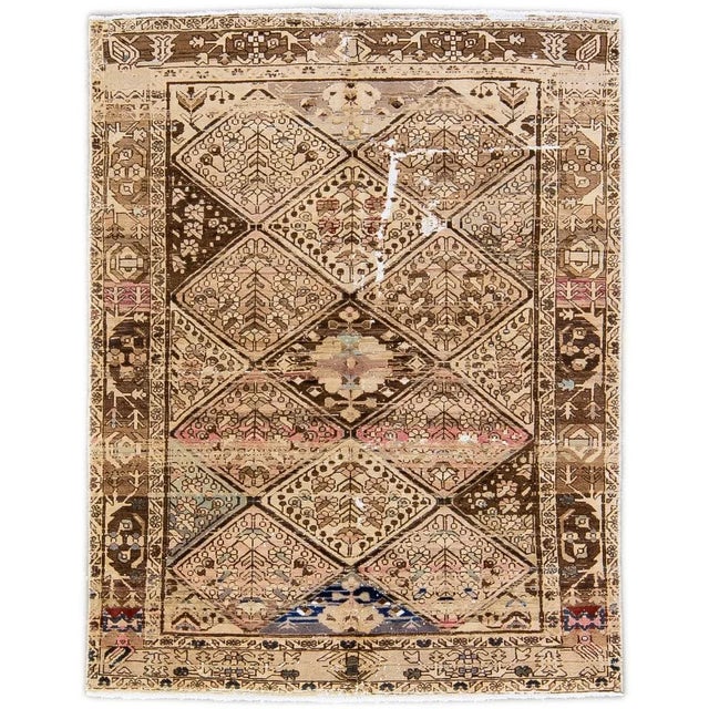 1960s Vintage Distressed Handmade Floral Beige Wool Rug For Sale - Image 9 of 9