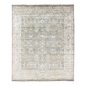 Hand-Knotted Indian Oushak in Faded Green, Taupe, Gold and Cream