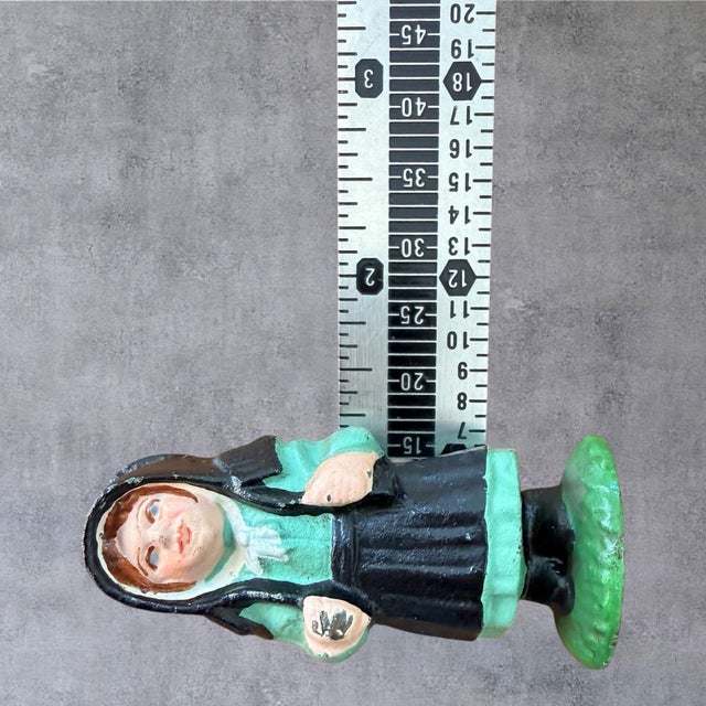 Kelly Green Vintage Miniature Cast Iron Amish Boy Girl Figurines Pa Dutch Folk Art Paperweight For Sale - Image 8 of 10