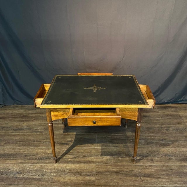 French Antique French Elegant Leather Top Game Table With 4 Drawers For Sale - Image 3 of 11
