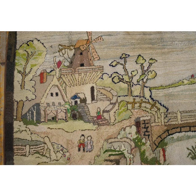 Textile 1940s Tan Ecru Dutch Windmill Scenic Pictorial Antique American Hooked Rug 3'2" X 5'6" Wool Carpet For Sale - Image 7 of 9