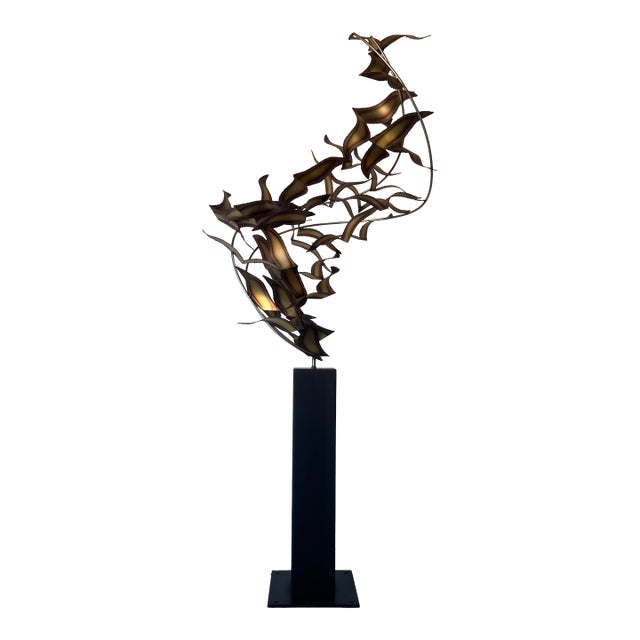 Modern Curtis Jere “Flying Birds” Brutalist Torch-Cut Metal Floor Sculpture on Pedestal/ Sold For Sale