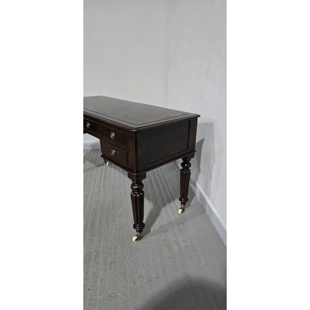 Victorian mahogany desk, standing on reeded legs with brass cup castors, brown leather, in very good overall condition....