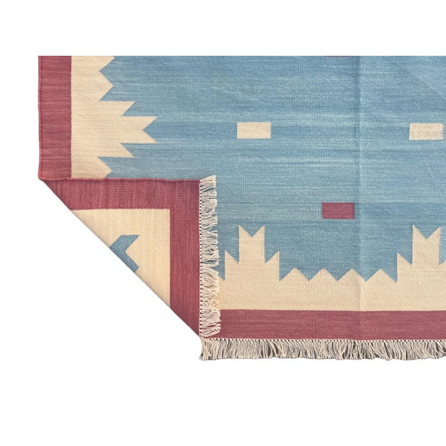 Handmade Cotton Vegetable Dyed Rug, Sky Blue and Pink Geometric Dhurrie-8'x10' For Sale - Image 11 of 13