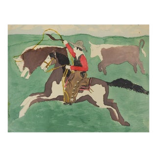 1940s Outsider Folk Art Cowboy and Horse Roping Cows Painting For Sale