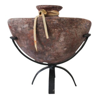 Vintage Mediterranean Stoneware Pottery Vase on Wrought Iron Stand For Sale
