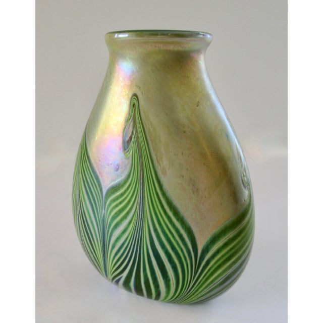 Glass A Vintage Art Nouveaux-Style, Signed Iridescent Thick and Solid "Feather," Vessel/ Vase For Sale - Image 7 of 18