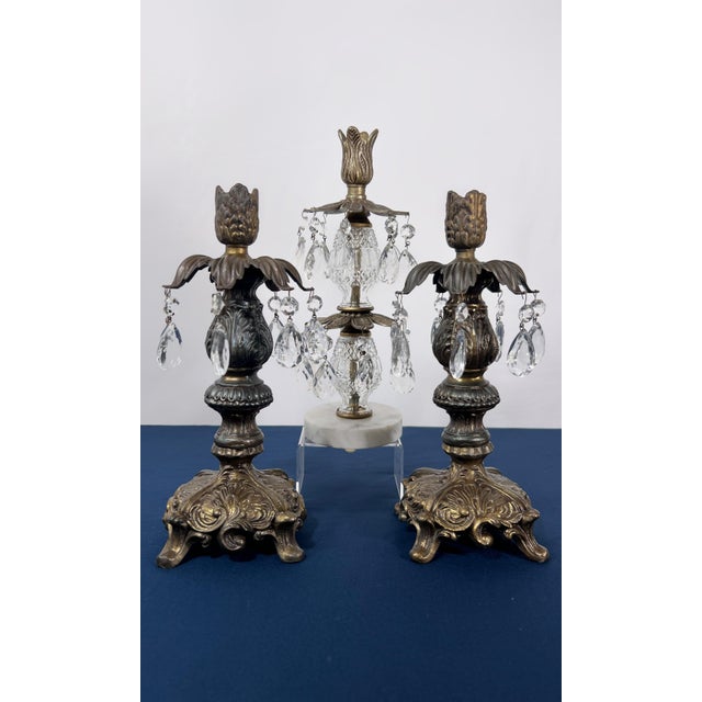 Gilt Brass & Tiered Crystal Girandole Trio - 12" Statement Set For Sale - Image 9 of 9