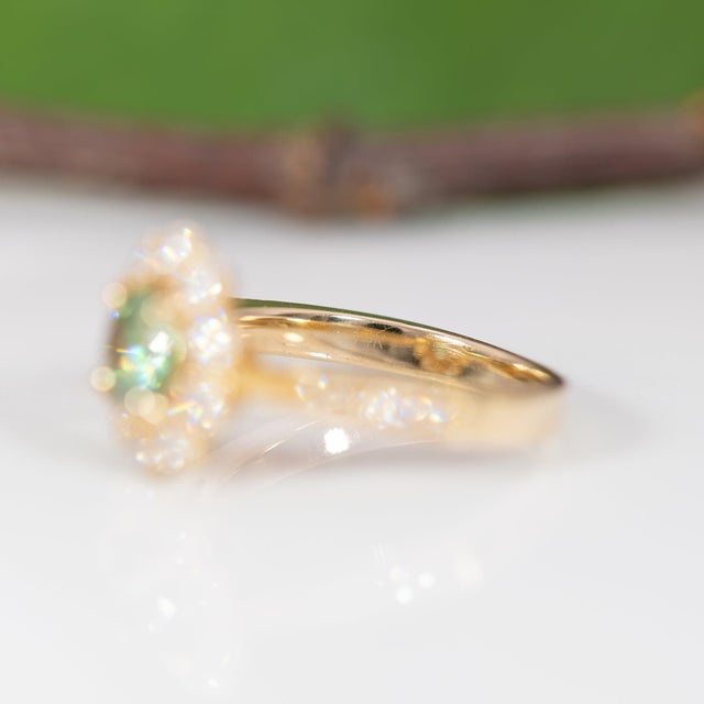 1Ct Demantoid Garnet Ring With Earth Mined Diamonds Halo: Solid 14k Gold, 6mm, Size 6.75 For Sale - Image 9 of 9