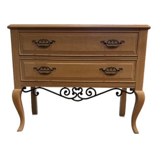 Late 20th Century Thomasville French Country Console With Patterned Wood Top & Iron Scrollwork For Sale