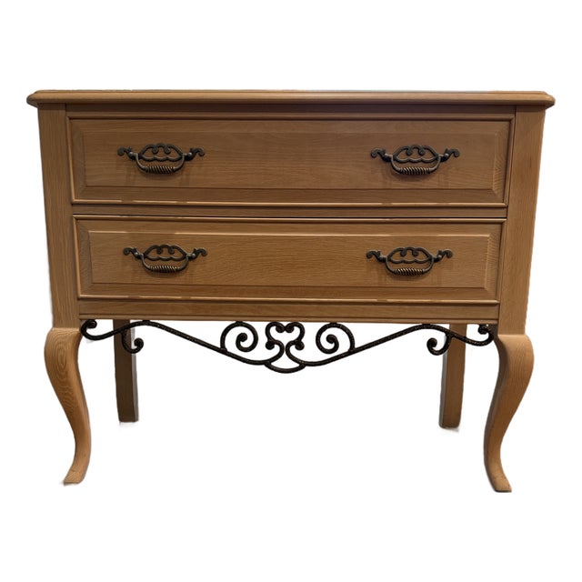 Late 20th Century Thomasville French Country Console With Patterned Wood Top & Iron Scrollwork For Sale