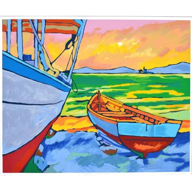 Bright and bold screen print by Spanish artist Guido Lopez (Spain, 20th century). Titled "Poezia Marina", signed lower...