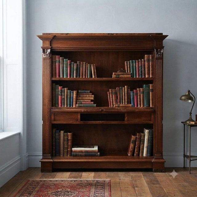 Open walnut bookcase, crafted in Italy in the first half of the 20th century. The structure features protruding columns,...