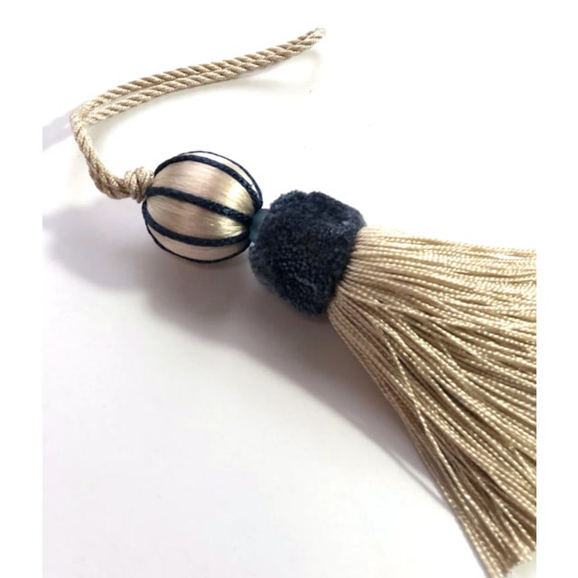 Custom, petite key tassel in navy blue / cream / white combo with cut velvet ruche, frosted glass bead & matching cord....