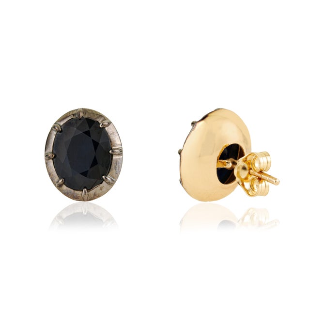 14k Gold 6.97ct Bold Deep Blue Sapphire Stud Earrings With Black Rhodium For Sale - Image 4 of 15
