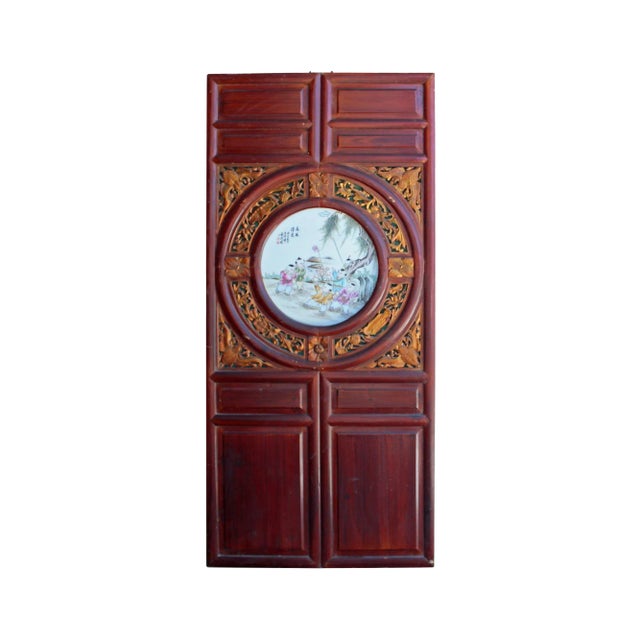 Chinese Vintage Round Porcelain Scenery Wood Wall Panel Art For Sale